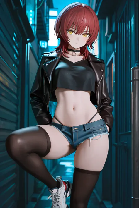 NSFW,masterpiece,Highest quality,High Resolution,very detailed, boyish girl,high school girl, red hair ,medium hair,wolf cut,stupid hair,with golden eyes,choker,leather jacket, crop top shirt ,DENIM SHORTS, high leg panties,Groin,knee-high socks,Sneakers, ...