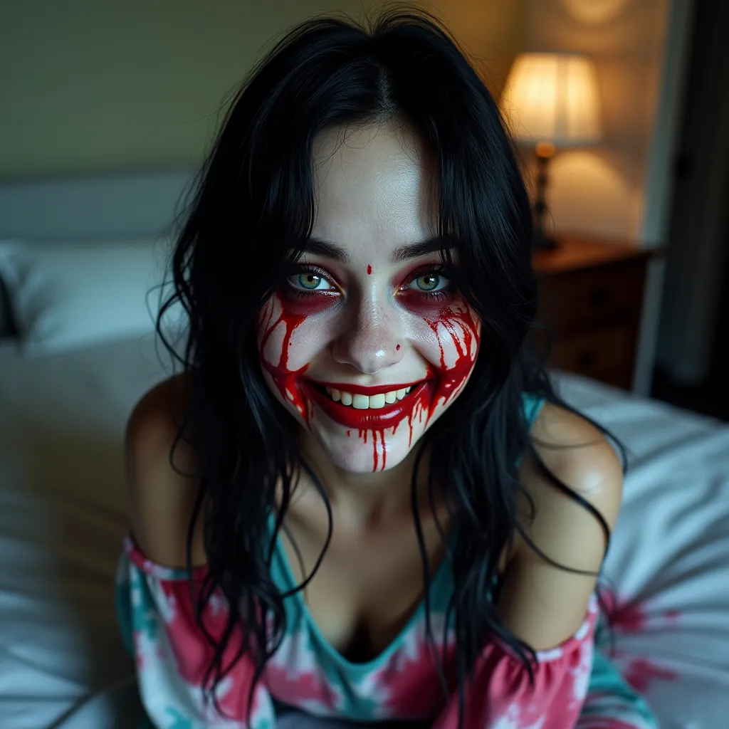 An Impressionist wide-angle shot of a Vtuber model with nebulous eyes, a devilish smile, long black hair with emo-like highlights. She poses confidently in a horror-movie scene with a sinister theme, playing on a bed. Tie-dye, drip painting. This photograp...