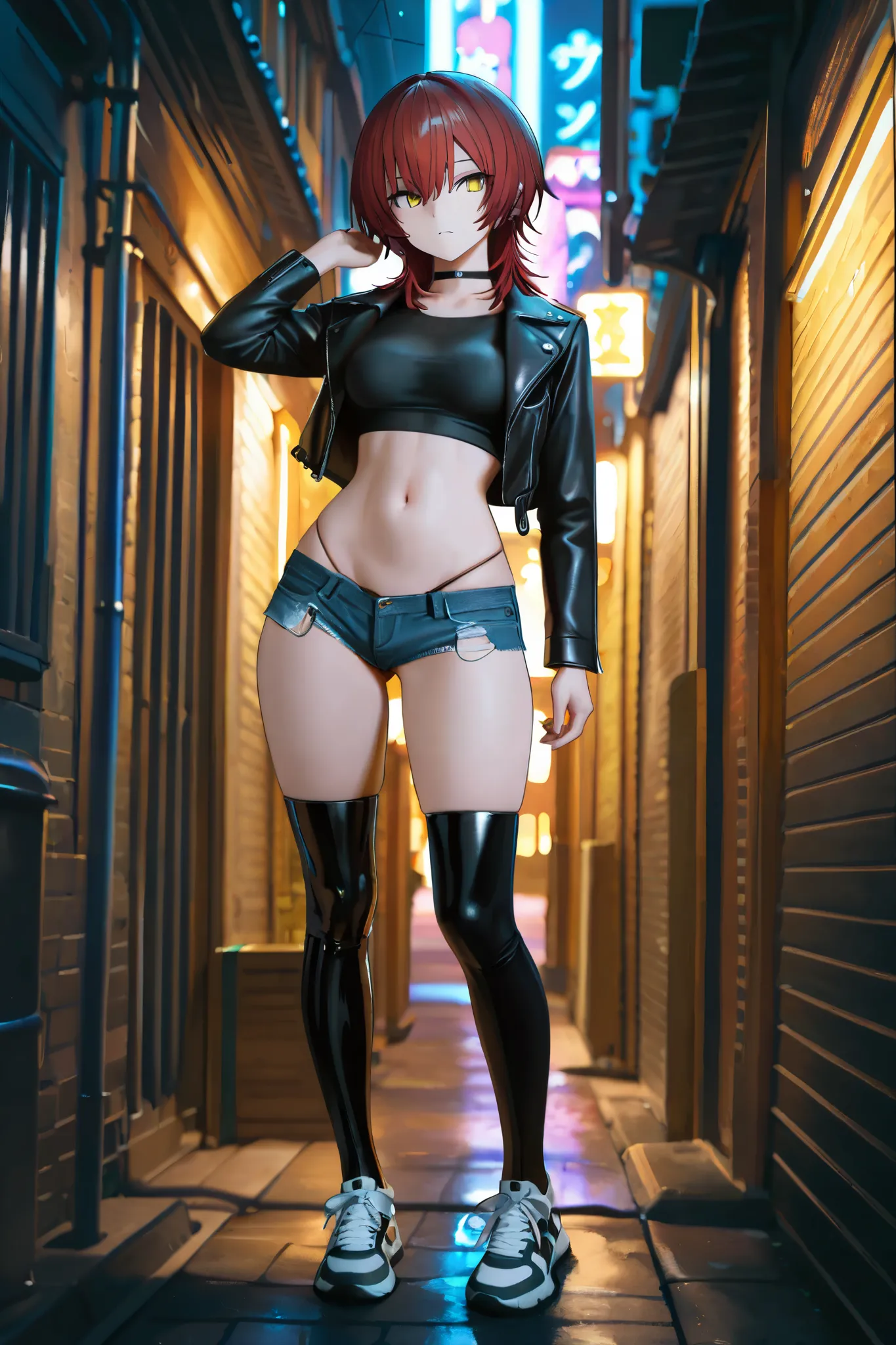 NSFW,masterpiece,Highest quality,High Resolution,very detailed, boyish girl,high school girl, red hair ,medium hair,wolf cut,stupid hair,with golden eyes,choker,leather jacket, crop top shirt ,DENIM SHORTS, high leg panties,Groin,knee-high socks,Sneakers, ...