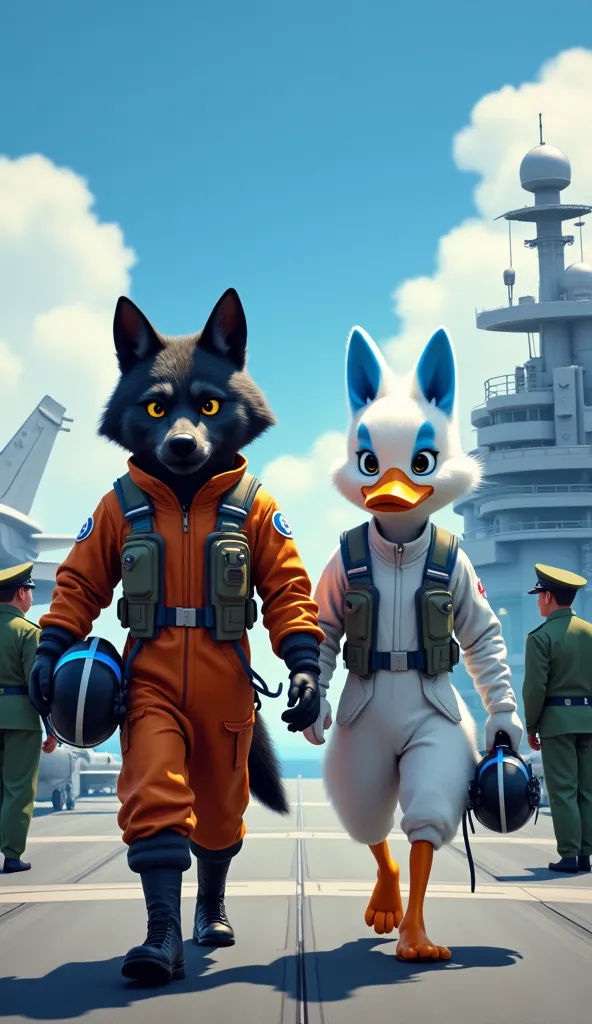 A highly detailed digital painting of an aircraft carrier deck with two anthropomorphic pilots walking towards the viewer. One is a black wolf with yellow eyes, wearing a military flight suit and holding a blue-striped flight helmet. The other is an anthro...