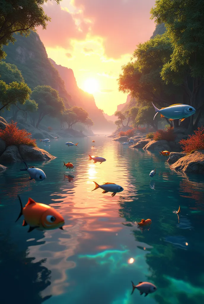 Create 3D image sequences with fish in different species, Rio, trees, Nature and sunset 