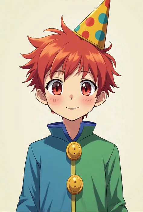 The handsome young boy has red hair, red eyes, wears a party hat, wears a clown costume. The left side is blue, the right side is green, has two big yellow buttons and the collar area is blue. Please take an anime picture. Thank you.