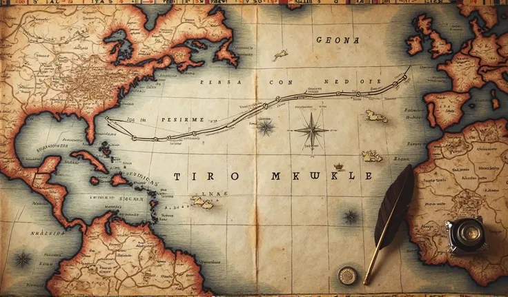  "A detailed map showing the planned voyage route from New York to Genoa, with a marked path through the Atlantic Ocean. The map looks old, with a compass, navigational tools, and an ink quill lying on top."

