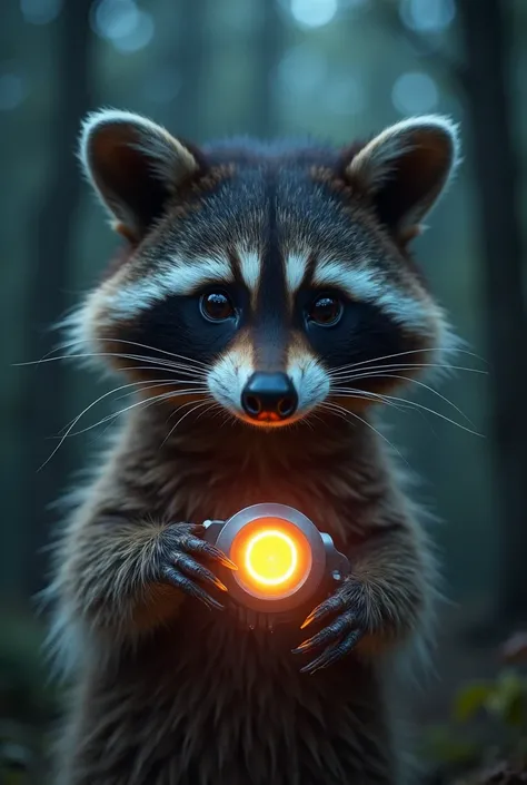 "A close-up of a raccoon holding a glowing metal device with a button. The raccoon looks at it with curiosity and confusion. The dim forest background adds mystery. The device emits a soft neon glow that reflects in the raccoon's curious eyes. Vertical for...