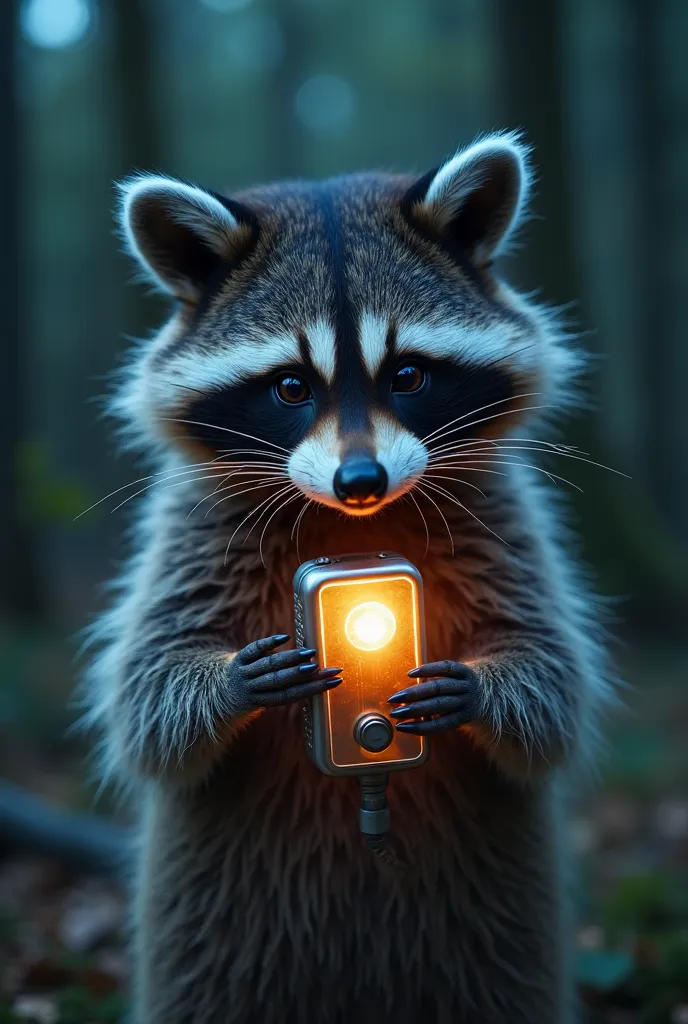 "A close-up of a raccoon holding a glowing metal device with a button. The raccoon looks at it with curiosity and confusion. The dim forest background adds mystery. The device emits a soft neon glow that reflects in the raccoon's curious eyes. Vertical for...