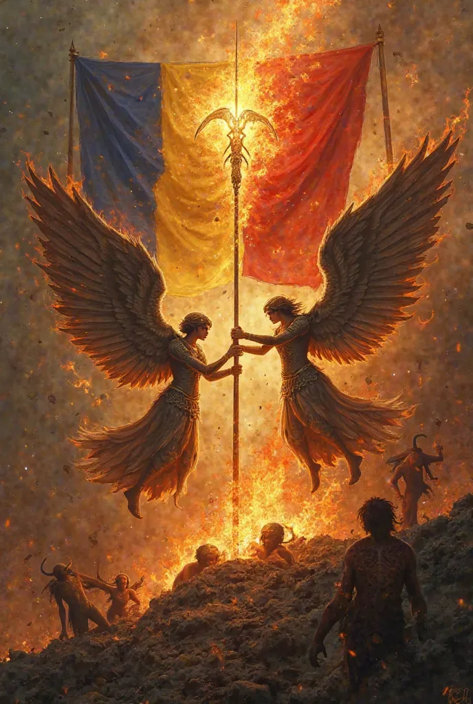 Angels and demons with romania flag in flames 