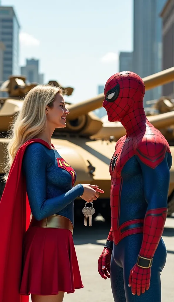 Two superhero characters standing in the middle of a cityscape.

 On the left , a supergirl character fair skinned woman with blonde hair wearing a blue suit with a red 'S' emblem on her chest, red skirt , and a red cape like the famous Supergirl. He smile...