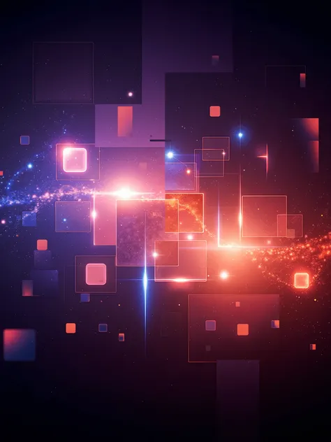 Digital art with bright, blurred light spots, geometric shapes like squares and rectangles,  futuristic vibe, abstract design with a dynamic flow, modern style,