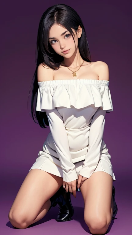 1girl, baby face, Beautiful black straight very very long hair, Staring at viewer with a charming smile, Slender but large breasts, deep cleavage, beautiful skin, white Off-shoulder knit dress that fits the body, black leather knee high boots, Gold Cross N...