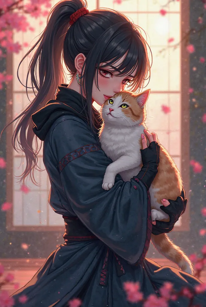 Kunoichi cuddling a cat, anime style