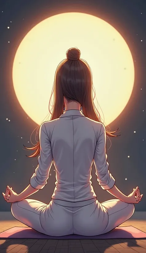 Female, sporty, White suit,  meditate, Glowing light, Thai Art Beautiful Background, high resolution, quality, Wide angle view, Sitting still,  , illustration, Decorative Arts,  character design, A lunar eclipse 