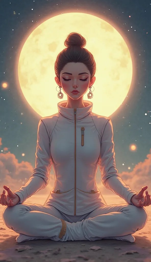 Female, sporty, White suit,  meditate, Glowing light, Thai Art Beautiful Background, high resolution, quality, Wide angle view, Sitting still,  , illustration, Decorative Arts,  character design, A lunar eclipse 