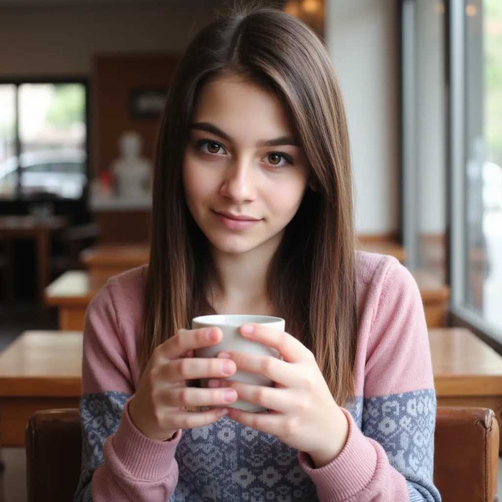 Woman sitting in a coffee. Has a pink sweater on. .  style photorealistic ,  full body