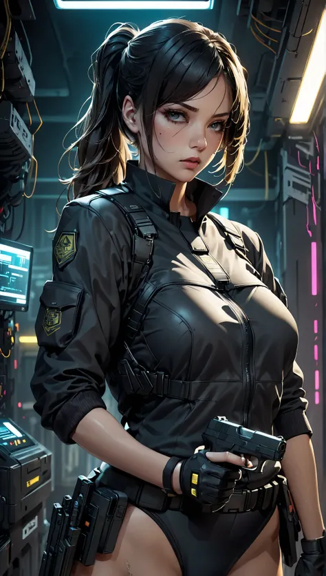  score_9、 score_8_up、 score_7_up,(Highest quality),( 超High Resolution ),(very well detailed),( best CG ),(masterpiece),RAW photo, 8k, ((perfect hands, perfect anatomy)),punch me with a handgun, ponytail,  Supple, medium rest,  constricted、 black tactical u...