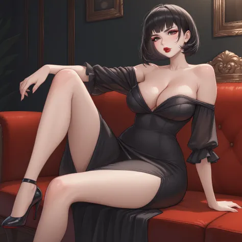 1girl, breasts, solo, black hair, sitting, red lips, black dress, looking at viewer, large breasts, dress, high heels, short hair, bare shoulders, black footwear, cleavage, lips, makeup, lipstick, couch, off shoulder, indoors