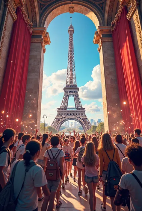 You need to generate an image for me representing students immersed in a giant photobooth at the Eiffel Tower Theater 