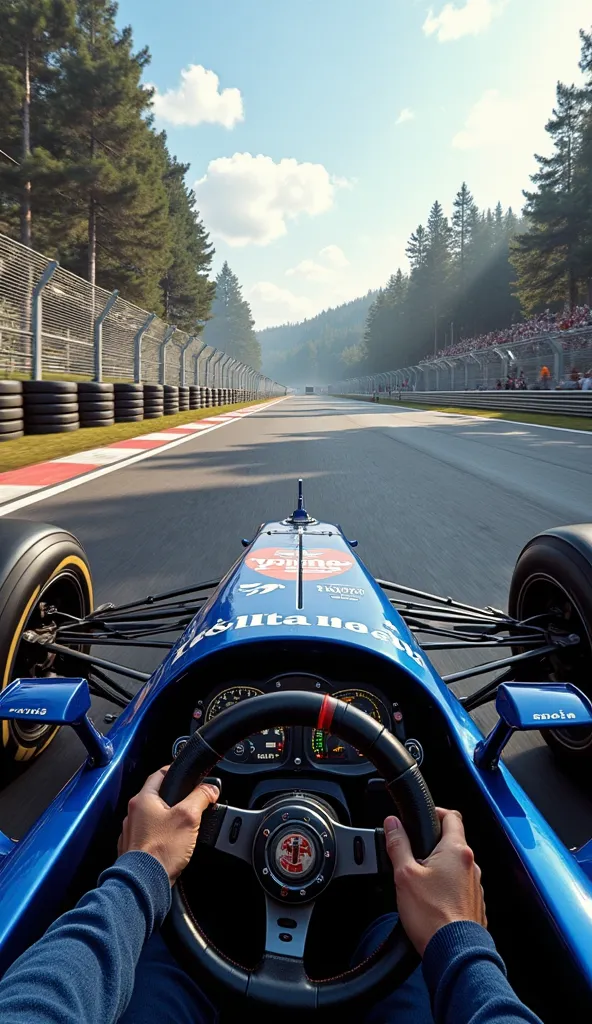 A first-person perspective scene from the viewpoint of the legendary driver Ayrton Senna, positioned inside the cockpit of his navy blue Williams Formula 1 car. The image captures a moment of intense tension as he loses control while navigating the Tambure...