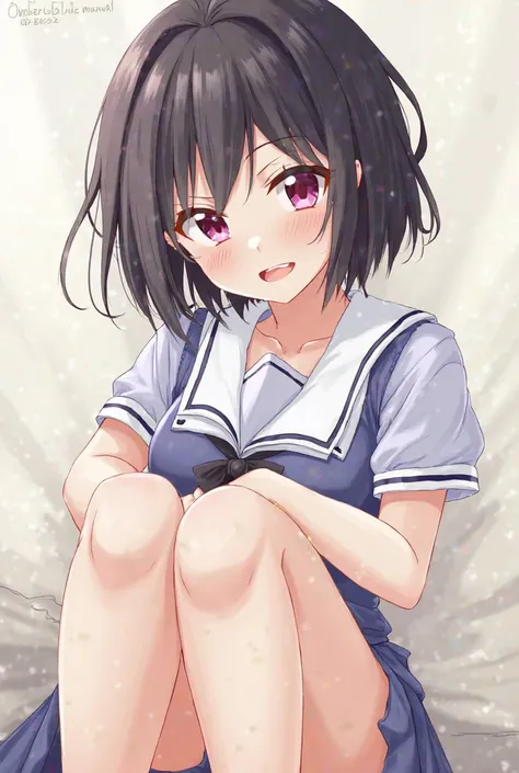 Anime style illustration, female character, white complexion, short dark hair, fringes, pink slanted eyes, mischievous and teasing expression, beautiful face, straddling guys lap, revealing skin, ****-like character, school dresses