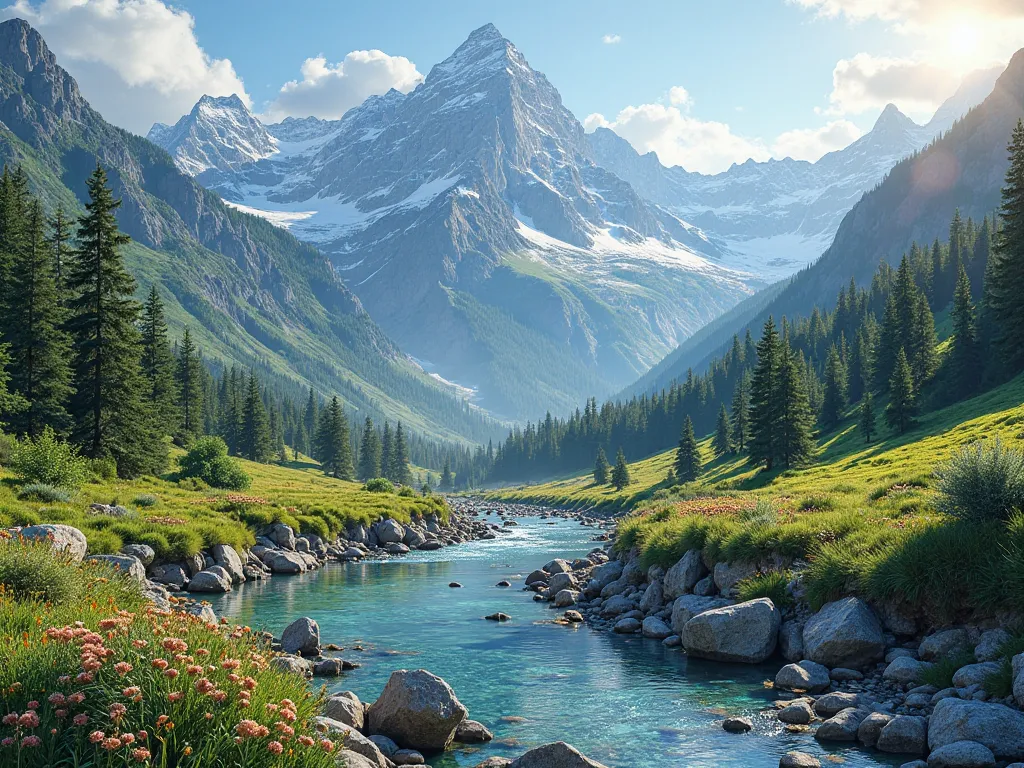 Voici un prompt détaillé pour Leonardo.AI :

**"Ultra-realistic landscape photograph in high definition, showcasing a summer scene in the Pyrenees Mountains. The image should feature towering, rugged mountain peaks covered in patches of snow, with lush gre...