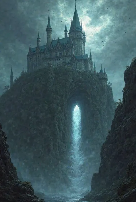 A gothic castle perched on the edge of an abyss, storm clouds swirling above. The entrance is slightly open, revealing a blinding light beyond. ‘