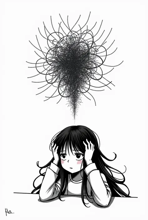 A black and white drawing, A girl with long hair, hands in the head, exasperation, tangle above the head, wine