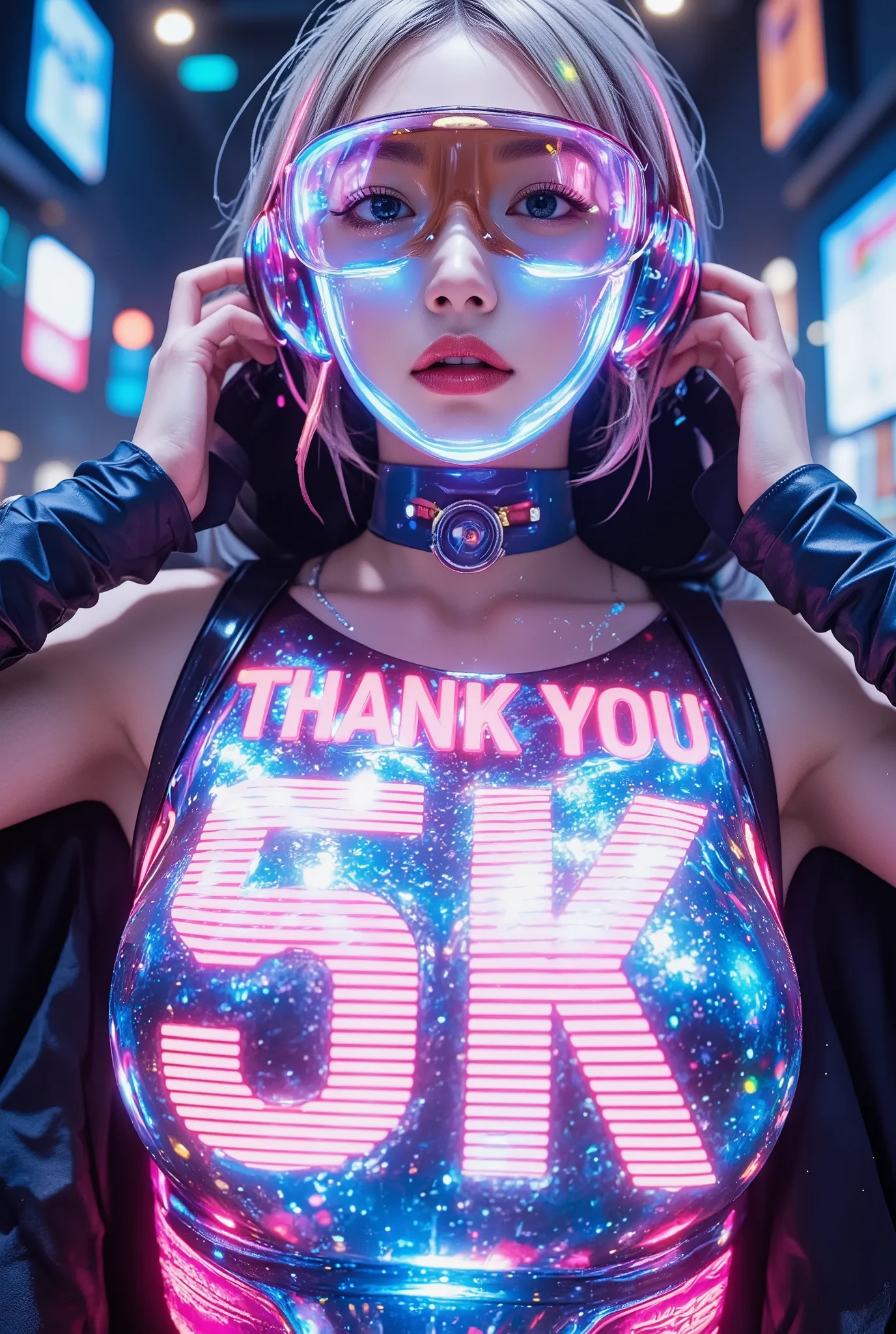 article, "Thank you for 5K followers", Add text"Thank you 5K", holographic font, milestone commemorative work