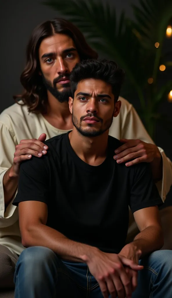 "An ultra-realistic photo in 8K high-definition style. A man with Latin-Mexican features, wearing a black cotton t-shirt and jeans, is sitting in a cozy setting. Behind her, Jesus Christ appears with blue eyes and brown hair, wearing a serious expression a...