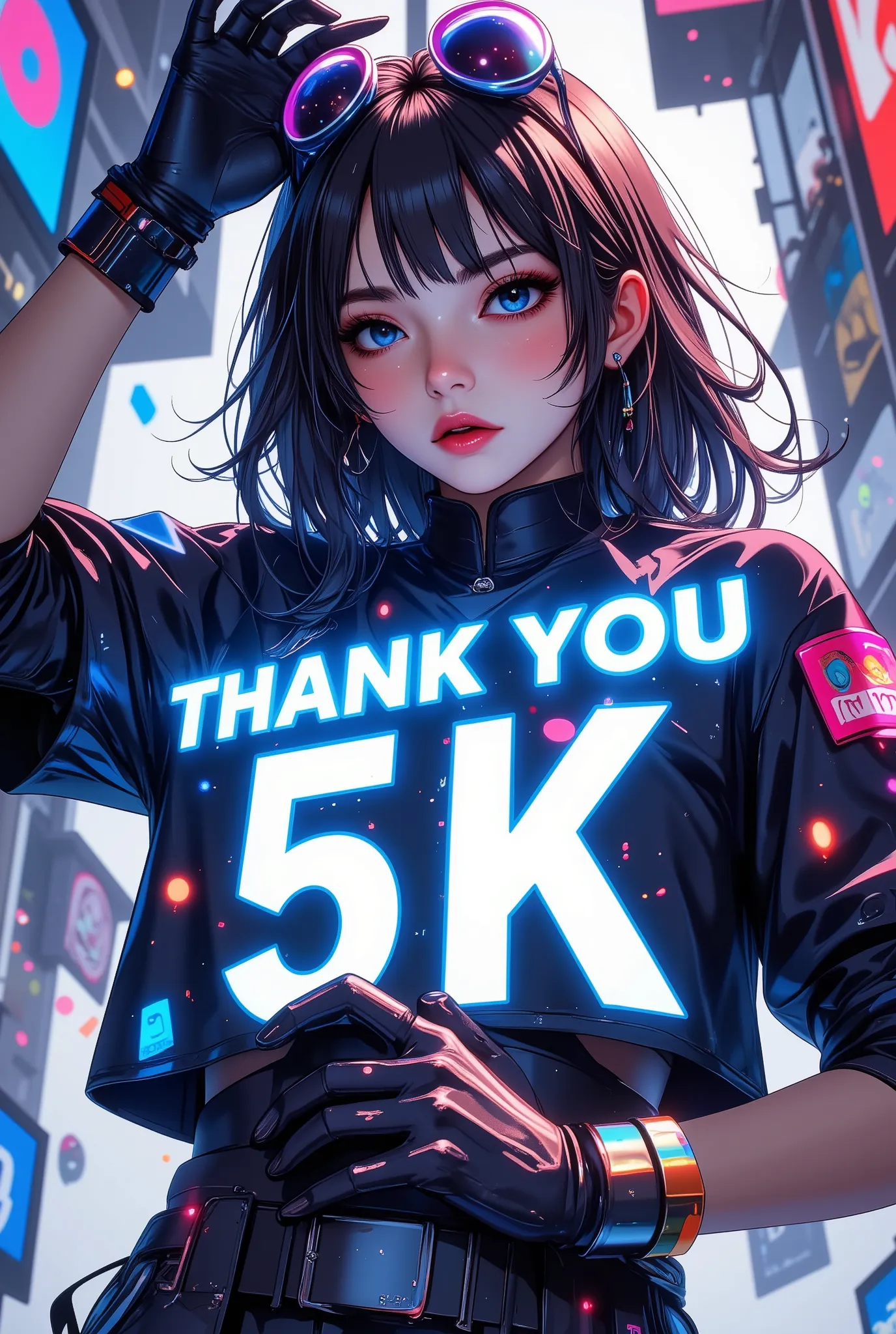 article, "Thank you for 5K followers", Add text"Thank you 5K", holographic font, milestone commemorative work