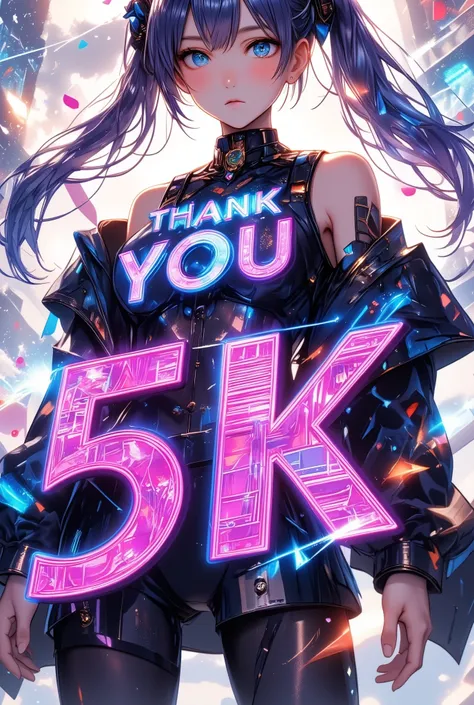 article, "Thank you for 5K followers", Add text"Thank you 5K", holographic font, milestone commemorative work