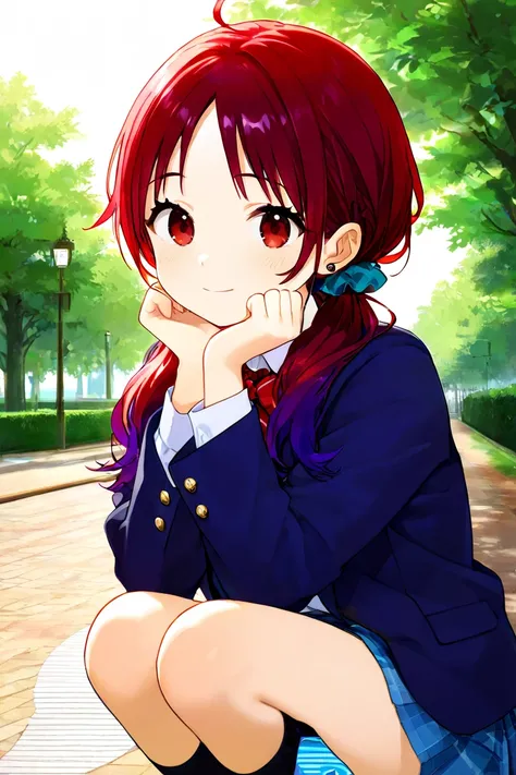 Anime style, high school girl, purple hair, ponytail, red hair elastic, red eyes, navy blue blazer, park background, 1 girl, squatting, spread legs