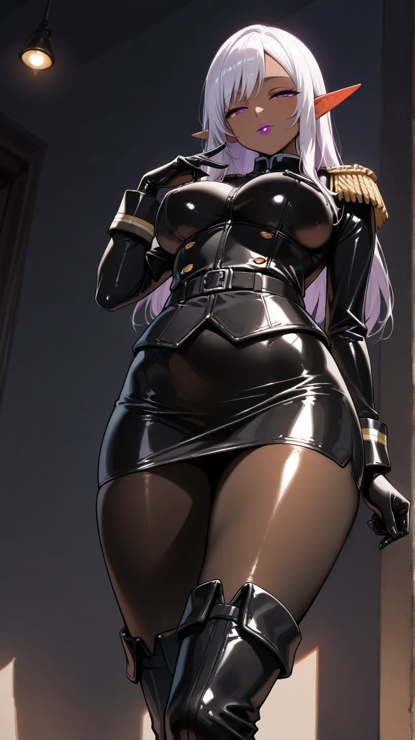  1 Young Beautiful Dark Elf Woman,(masterpiece, top quality , very detailed depiction, incredibly absurd high definition ,Curvaceous Body),(female cavalry officer , black latex military uniform with epaulettes, tight skirt , bodystocking , black tights, bo...