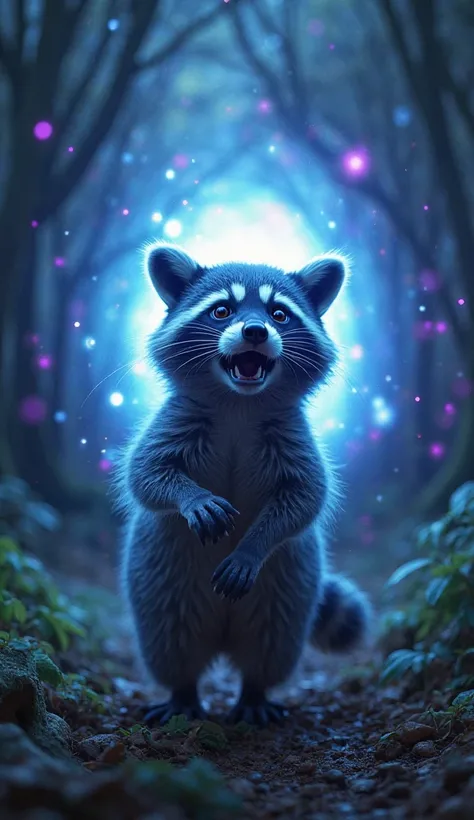 "A raccoon vanishing into a glowing portal of blue and purple energy. The raccoon's face shows shock and surprise as it gets pulled into the unknown. The forest around him starts to blur and distort. Vertical format, dramatic lighting, sci-fi atmosphere."