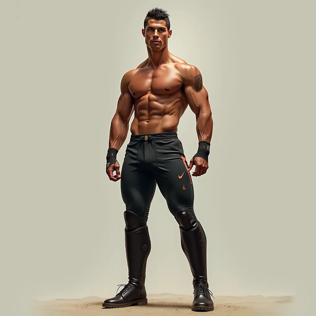 Handsome Ronaldo in tight shorts wear long riding boots poop