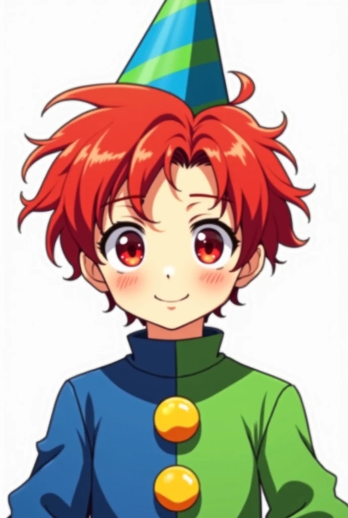 A handsome young boy with red wavy hair, red eyes, wearing a blue green party hat, wearing a clown costume. The left side is blue, the right side is green, with two big yellow buttons and the collar area is blue. The background is white. Please take an ani...