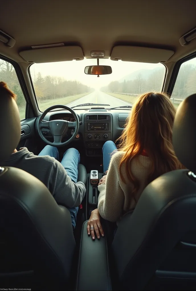 The perspective is from the front of the car, with the camera positioned on the dashboard, looking toward the backseat. From this vantage point, the view is dominated by an enormous, towering giantess seated in the rear of the tiny, compact vehicle. Her co...