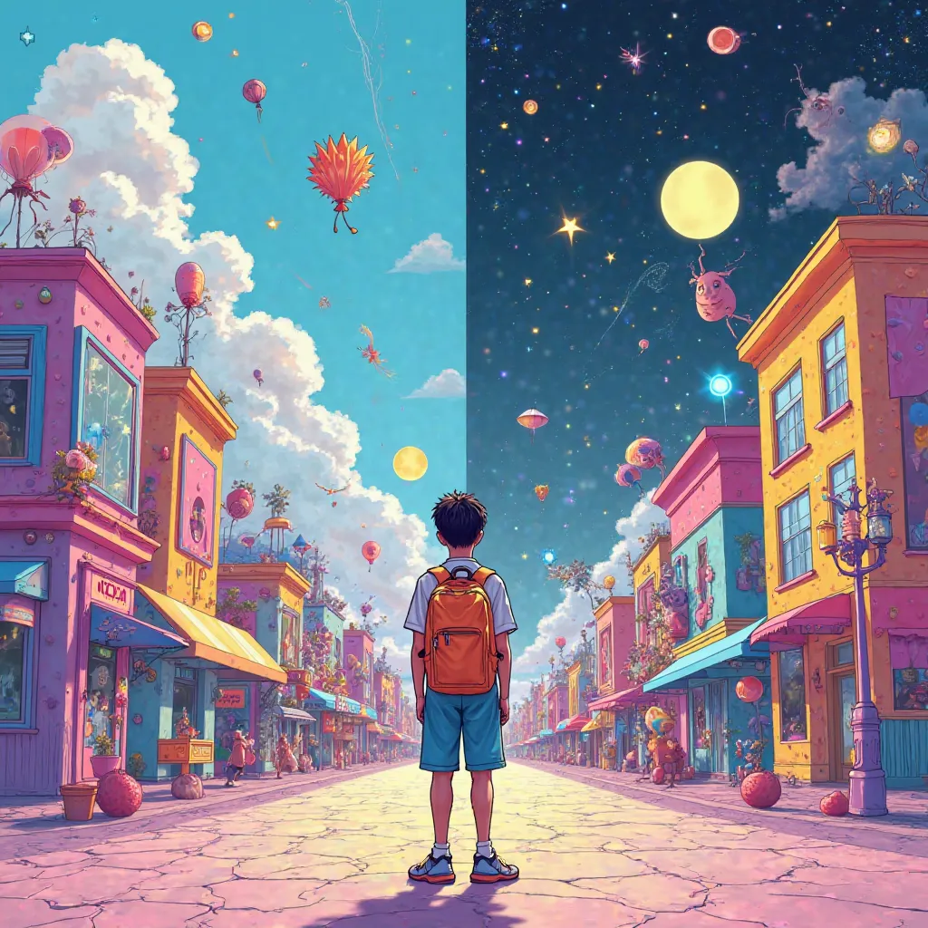 The boy stands in the middle of a colorful, slightly surreal cityscape, with his back to the viewer and positioned just slightly away from the center of the frame. The city around him is bright, full of pastel-colored buildings and neon signs, creating a p...