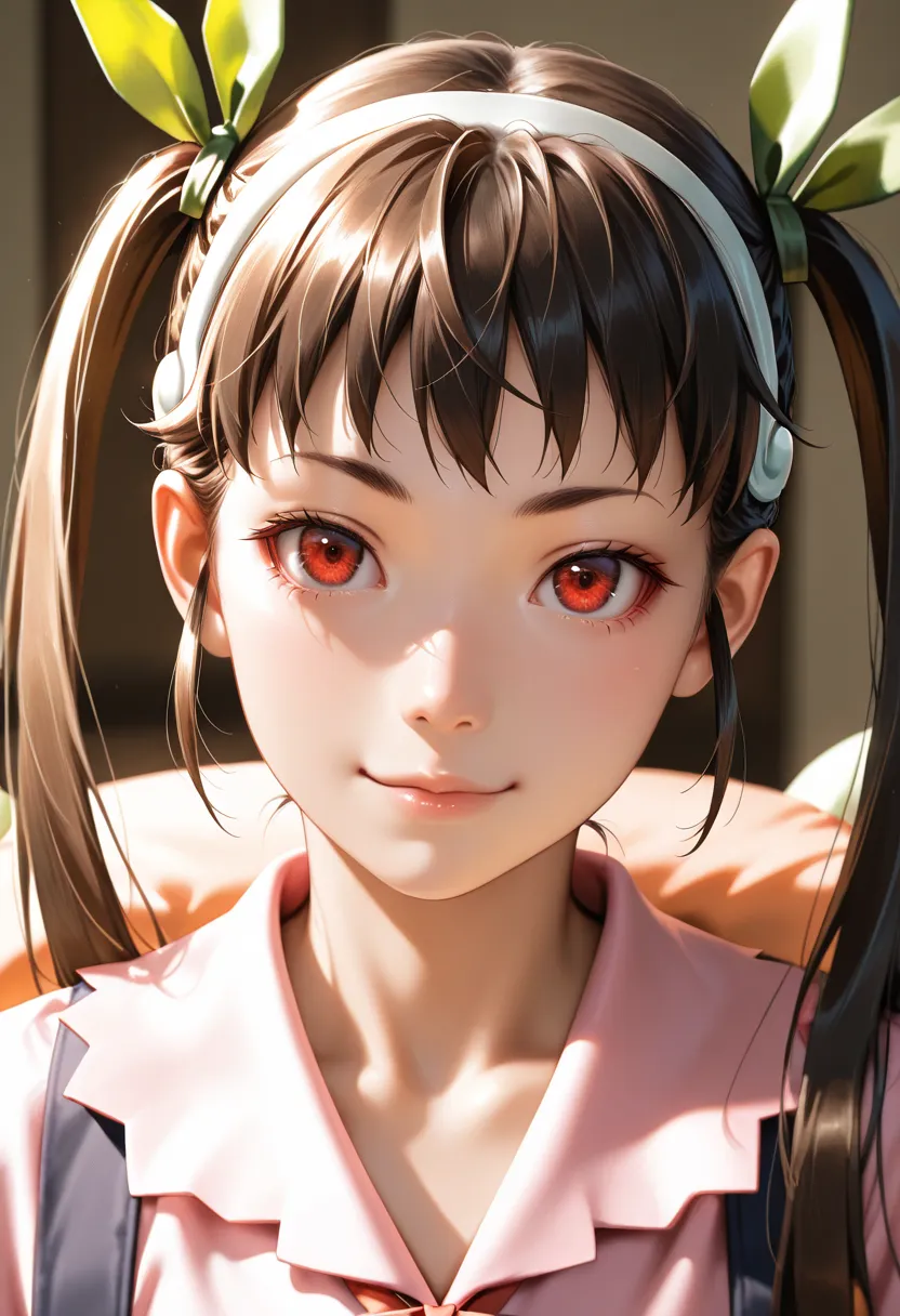 masterpiece, best quality, vibrant, very aesthetic, high contrast, photorealistic portrait,beautiful detailed face,detailed texture,detailed skin, newest, 1girl,bakemonogatari,source_bakemonogatari,hachikuji mayoi,shirt,room
