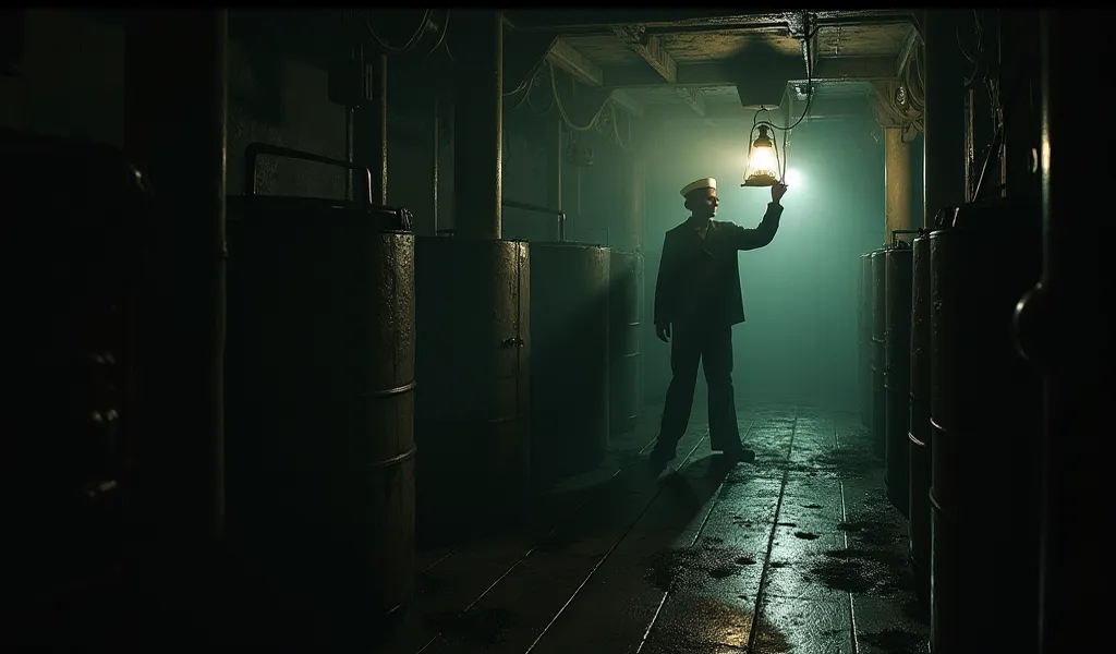 3️⃣ "A sailor holding a lantern, exploring the lower deck of the Mary Celeste. Shadows stretch ominously, barrels of cargo remain intact, but there is no sign of struggle—only an unsettling silence."

