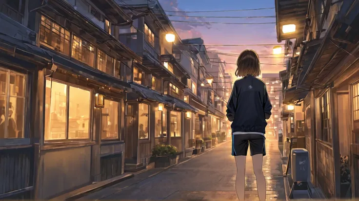 One girl,  long hair, Dark brown hair , without bangs, in an oversized , black cycling shorts, stands outside in a Japanese city, waves his hand, Sunset