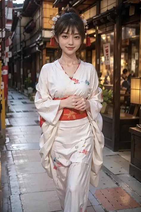 (Highest quality,8K wallpaper), masterpiece,  RAW photos , photorealistic, Walking around the old town, join hands behind my head, A Japanese girl, plump breasts, ( beautiful Japanese kimono), (An intelligent and beautiful face), (skeletal correct posture)...