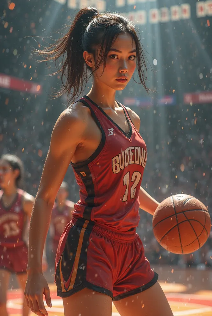 Asian female basketball player, height 203 cm and weight 103 kg, measurements: bust 45 inches, waist 35 inches, hips 45 inches, hourglass figure.