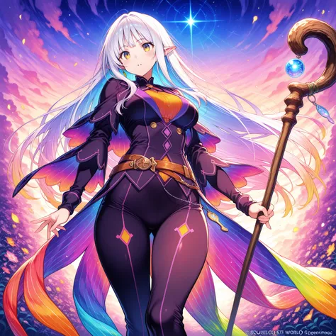 Isekai Tensei anime worldview　　The Energetic Wizard　 colorful hair color　　Long walking stick　　23 year old cute woman　Intelligent　