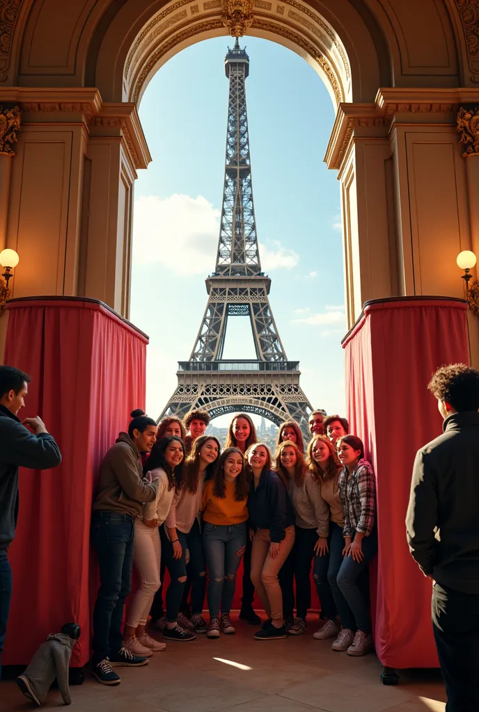 You have to generate for me an image representing students in a giant photobooth at the Eiffel Tower theater