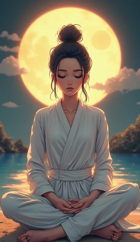 Female, sporty, White suit, priest,  meditate, Glowing light, Thai Art Scenic Background, high resolution, quality, Wide angle view, Sitting still,  , illustration, Decorative Arts,  character design, A lunar eclipse 