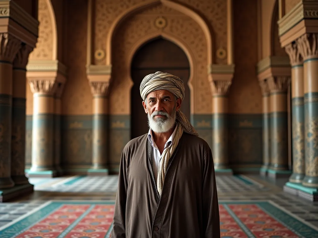 An old image in the mosque of an old man with national clothes and wearing turban