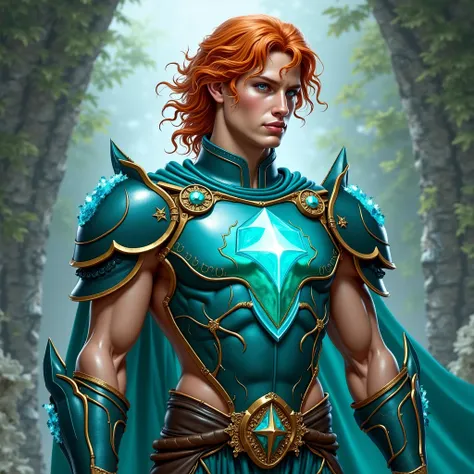 Make an full body photorealistic character of the hero. incredibly handsome and extremely muscular body builder with narrow waist and big muscular legs and big well rounded buttocks. ginger wavy haired young male wearing blue-teal green and crystal sexy re...