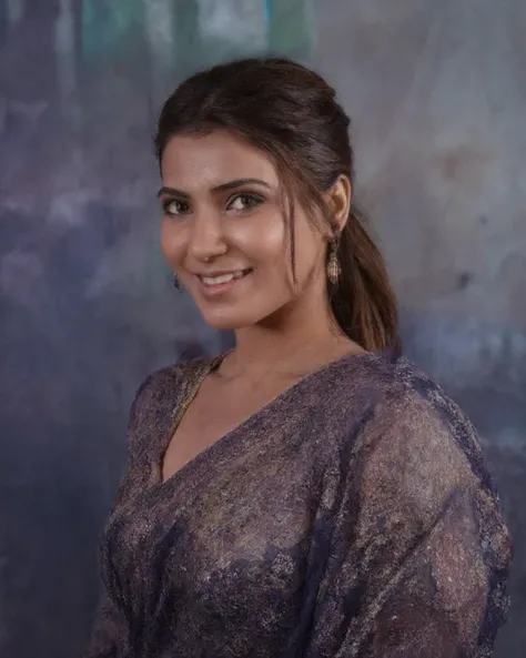 headshot photo samantha ruth prabhu woman,paparazzi photo, smiling face,studio quality, wearing intricate high neck elegant Sapphire Saree ponytail, darker pastel shaded multicolored background