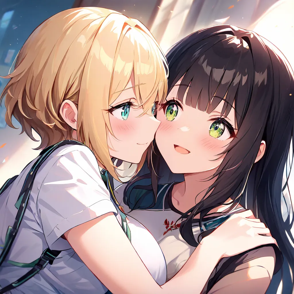  2 girls、 is staring at each other、 character for V2１（ long hair、 blond hair、Big Breasts、 green eye、Fleeting）、 character for V2２（   black hair、 Aqua Eyes、 tiny boobs、 short hair、Also々Shii、 from behind、Put your arm around someone&#39;s shoulder）、Lily、 High ...