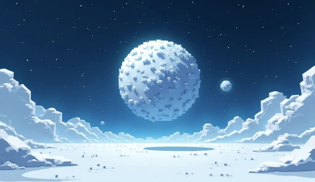 Minecraft style, a planet covered in ice and snow in outer space and only it and the stars are visible