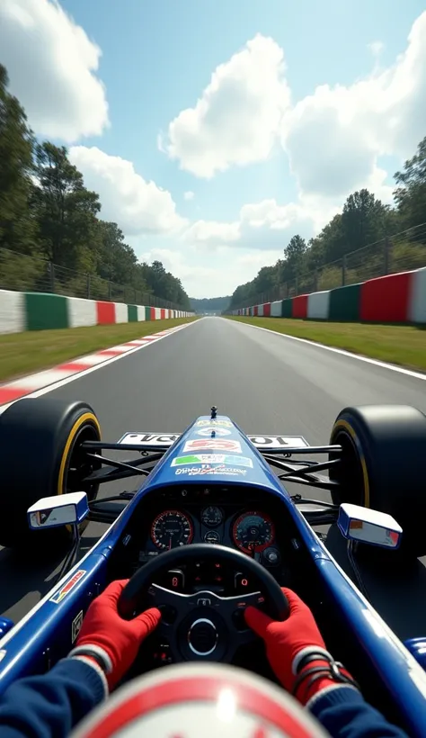 A first-person perspective scene from the viewpoint of the legendary driver Ayrton Senna, positioned inside the cockpit of his navy blue Williams Formula 1 car. The image captures a critical moment as he loses control while navigating the Tamburello corner...